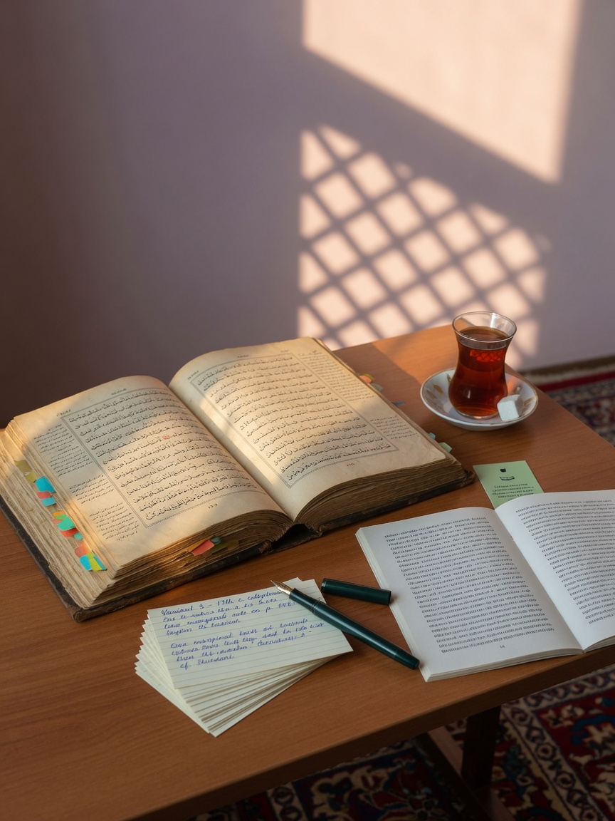 Warm photoreal still life of classic Azerbaijani literature study: open manuscript in Arabic script,