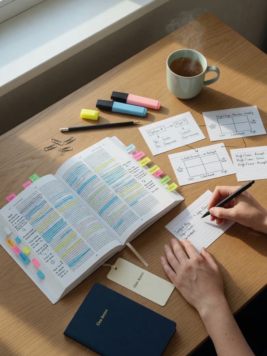Top-down photo of a clean desk with an open annotated book, color tabs, index